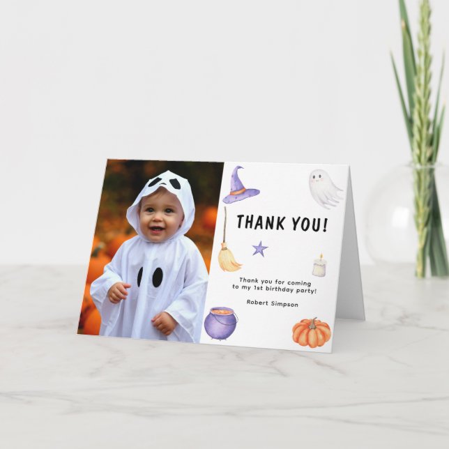 Cartão De Agradecimento Festa de um ano do fantasma aquarela (Frente)