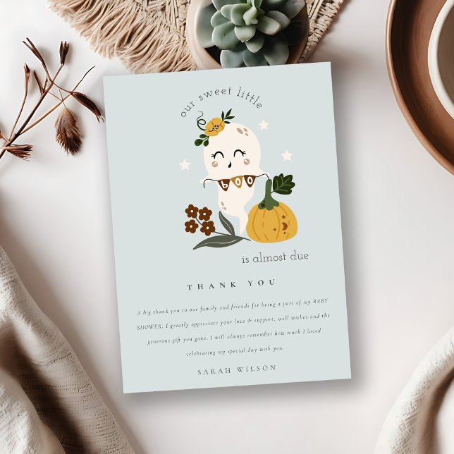 Cartão De Agradecimento Festa do Bebê Little Boo de Halloween Azul Fofo (Criador carregado)