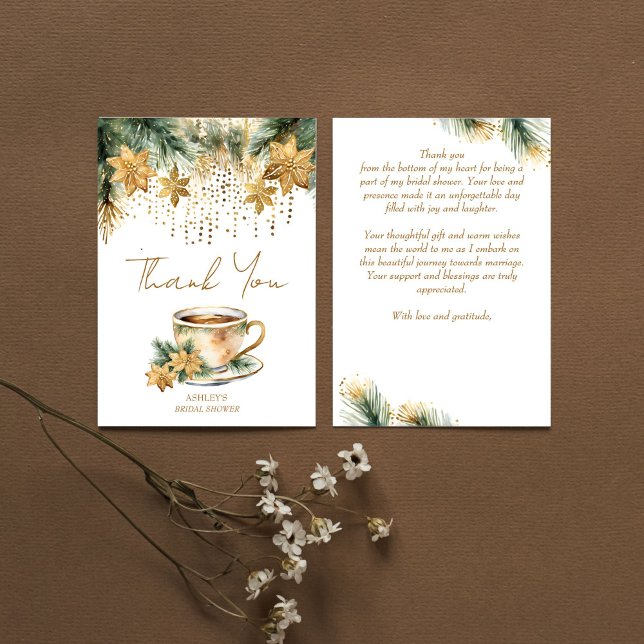 Cartão De Agradecimento Festa do chá de noivado boêmio de Natal no inverno (Boho Christmas winter bridal shower tea party Thank You Card watercolor gold poinsettia pines thank)