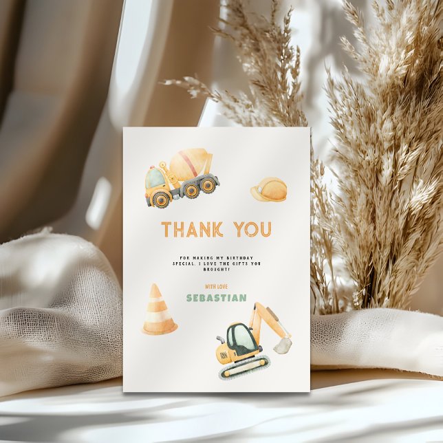 Cartão De Agradecimento Festa do Menino de Caminhão de Construção para o P (Construction For Boys Thank You Card)