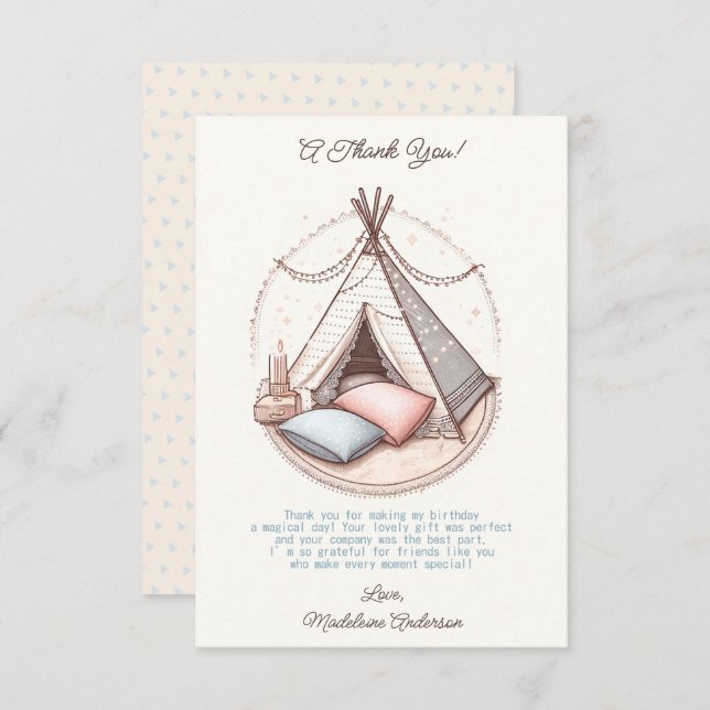 Cartão De Agradecimento Festa Doce de Tepee Sleepover, Aniversário (Frente/Verso)