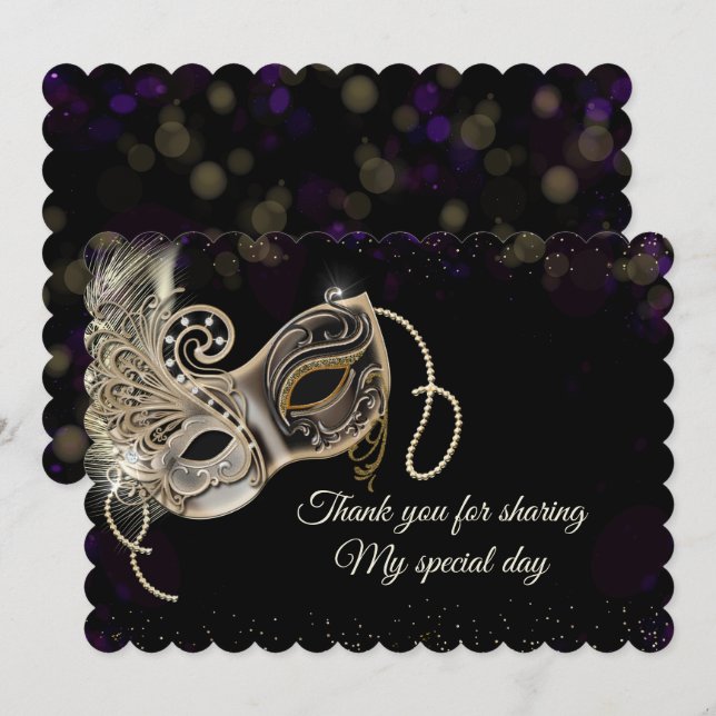 Cartão De Agradecimento Festa Dourada de Mascarada Roxo Preta (Frente/Verso)