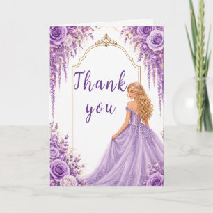 Cartão De Agradecimento Festa Sweet Sixteen Floral Dourada Lavanda Suave