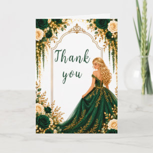 Cartão De Agradecimento Festa Sweet Sixteen Floral Dourada Verde Esmeralda