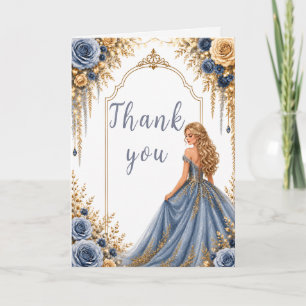 Cartão De Agradecimento Festa Sweet Sixteen Floral Dourado Azul Empoeirado