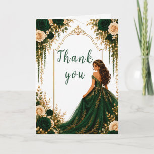 Cartão De Agradecimento Festa Sweet Sixteen Floral Dourado Verde Esmeralda