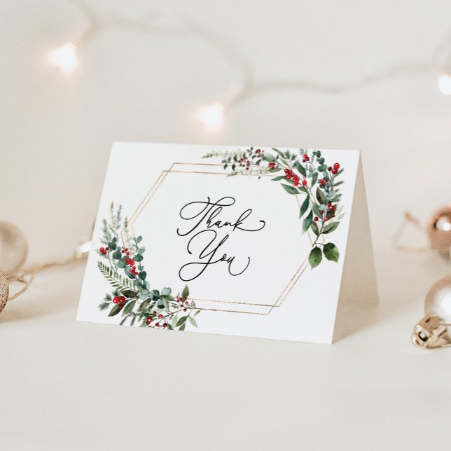 Cartão De Agradecimento Festive Red Berries Winter Holly Greenery (Criador carregado)