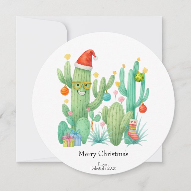 Cartão De Agradecimento Festivo Natal Cactus com Papai Noel e Ornamento (Frente)