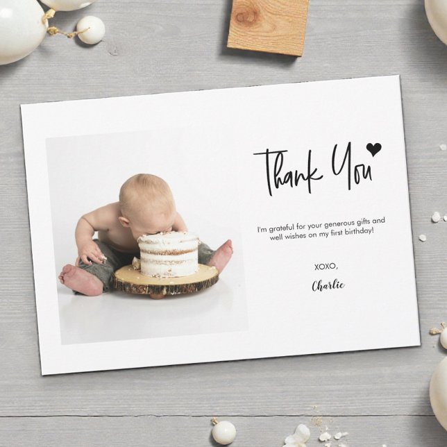 Cartão De Agradecimento First Birthday Custom Photo Modern handlettering  (Photo first birthday thank you for coming to my party card templates.)