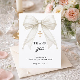 Cartão De Agradecimento First Communion bow white ivory pearls