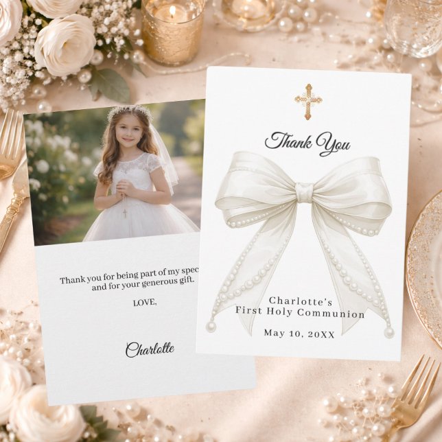 Cartão De Agradecimento First Communion bow white ivory pearls photo (Criador carregado)