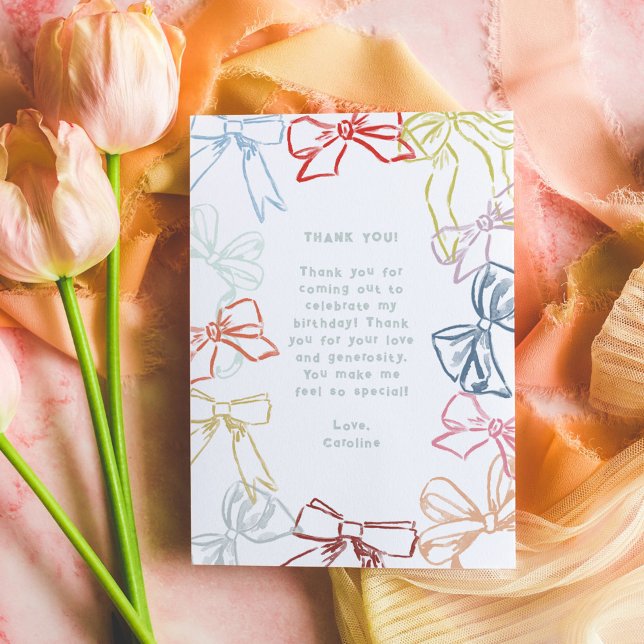 Cartão De Agradecimento Fitas e Arcos Aquarela Aniversário Obrigado (Ribbons and Bows birthday party Thank You card.)