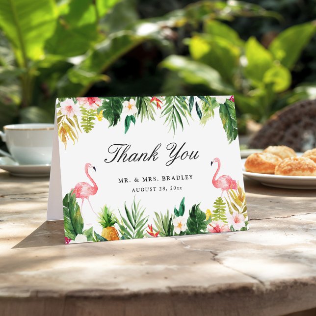 Cartão De Agradecimento Flamingo Couple Tropical Floral Wedding Thank You (Criador carregado)
