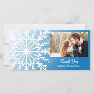 Cartão De Agradecimento Floco de neve branco no Casamento no inverno azul