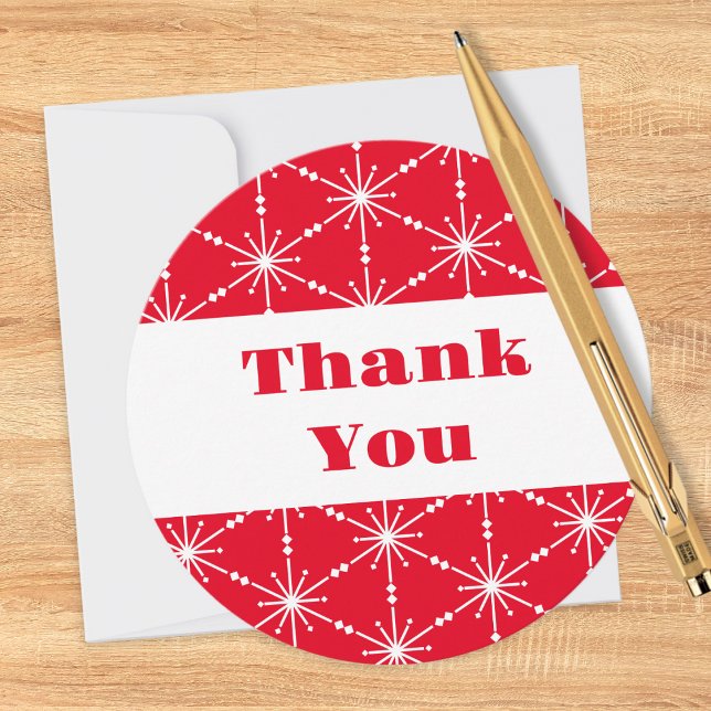 Cartão De Agradecimento Floco de Neve Vermelho Natal Padrão Moderno (A festive Thank You card, round in shape, in red and white with a snowflake pattern)