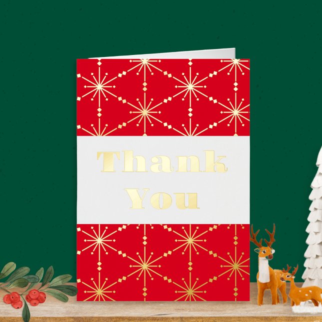 Cartão De Agradecimento Floco de Neve Vermelho Natal Padrão Moderno (A Christmas thank you card with snowflake pattern, with gold or silver foil detail)