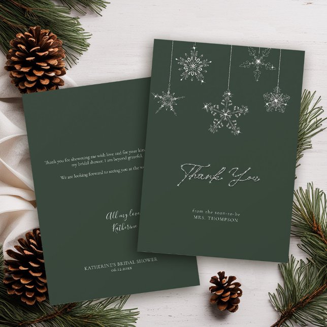 Cartão De Agradecimento Flocos de Neve Brilham Verde Casamento de Inverno  (winter bridal shower thank you card sage green glitter snowflakes elegant script classy chic)