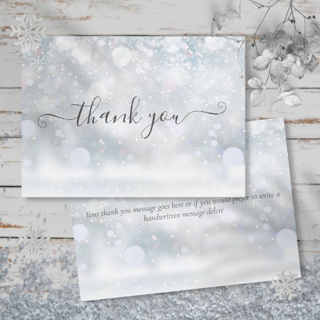 Cartão De Agradecimento Flocos de Neve de Inverno Script Elegante (Winter Snowflakes Elegant Script Thank You Card)