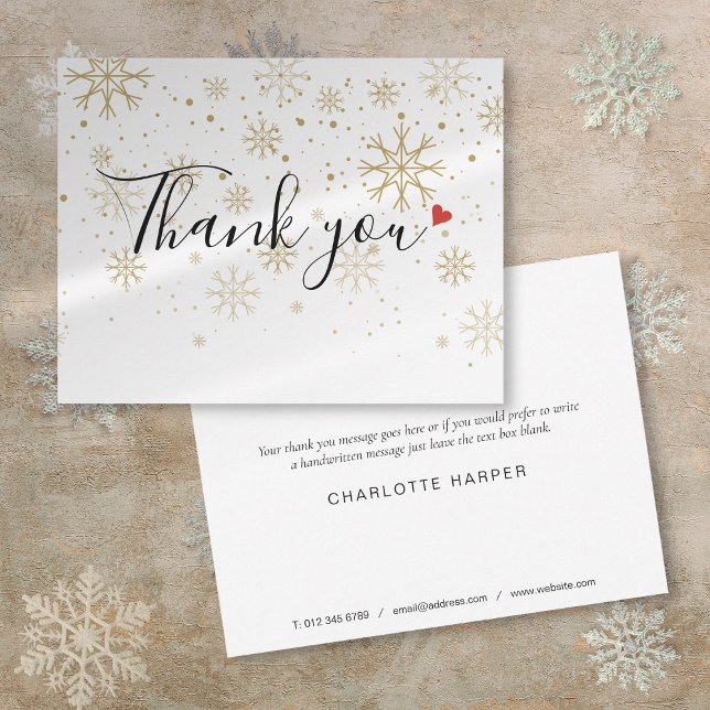 Cartão De Agradecimento Flocos de neve Dourados de Natal Elegantes (Christmas Gold Snowflakes Elegant Script Business Thank You Card)