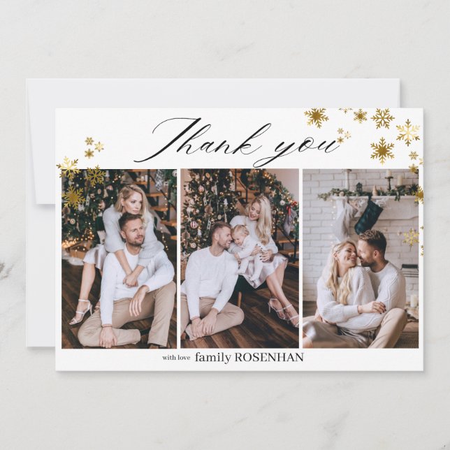 Cartão De Agradecimento Flocos de Neve Dourados Elegantes 3 Foto Obrigado  (Frente)