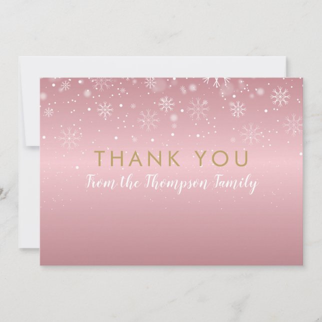 Cartão De Agradecimento Flocos de neve Dourados no Natal Rosa Obrigado (Frente)