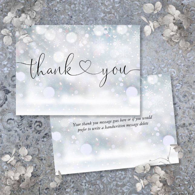 Cartão De Agradecimento Flocos de Neve Elegantes Coração Script (Winter Snowflakes Elegant Heart Script Thank You Card)