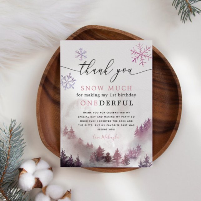 Cartão De Agradecimento Flocos de Neve Rosa ONEmagnifico primeiro aniversa (Criador carregado)