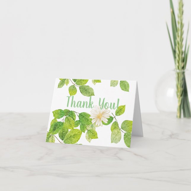 Cartão De Agradecimento Flor Branco e Jardim de Folhas Verde (Frente)