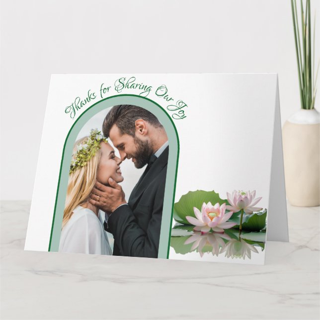 Cartão De Agradecimento Flor de Lotus Rosa e Casamento Verde (Frente)