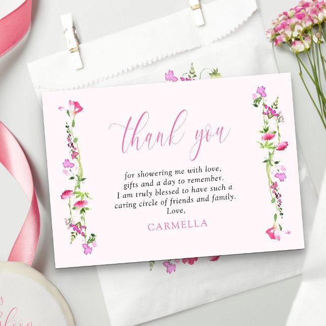 Cartão De Agradecimento Flor Silvestre Rosa Delicada Floral (Pretty pink thank you cards with pink calligraphy from my Pink Wildflower Bridal Shower collection)