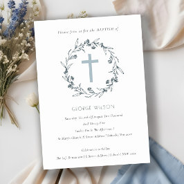 Cartão De Agradecimento Flora Laurel Wreath Dusky Blue Cinza Baptism Convi