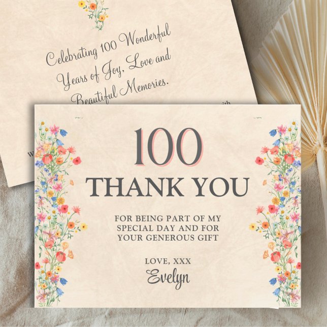 Cartão De Agradecimento Floral 100th Birthday – Elegant Wildflower (Criador carregado)