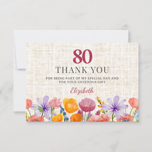 Cartão De Agradecimento Floral 80th Birthday - Elegant Garden Party (Frente)