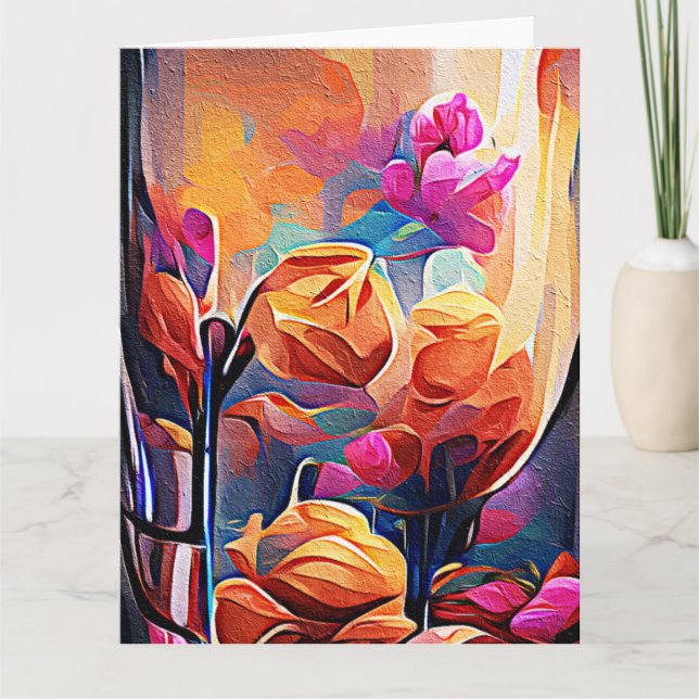 Cartão De Agradecimento Floral Abstrato Art Laranja Vermelho Azul Flores (Frente)