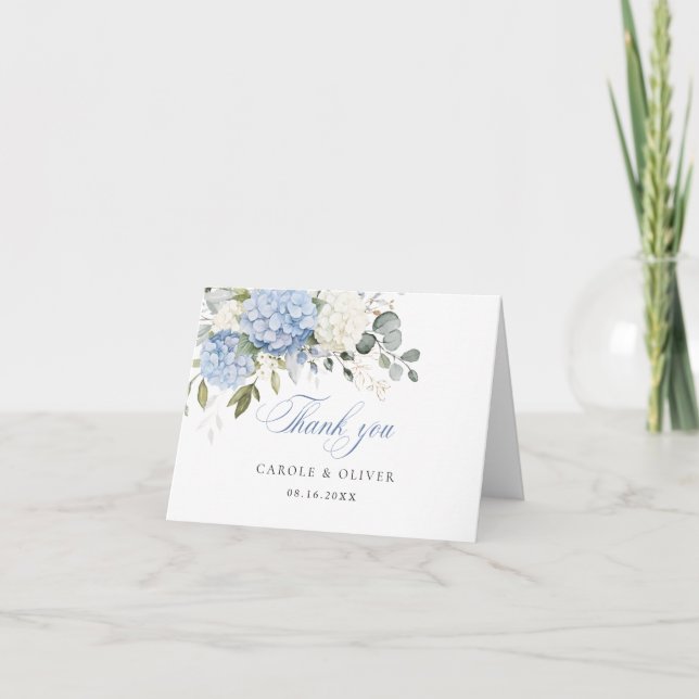Cartão De Agradecimento Floral Azul Branco Hydrangea Greenery Casamento (Frente)