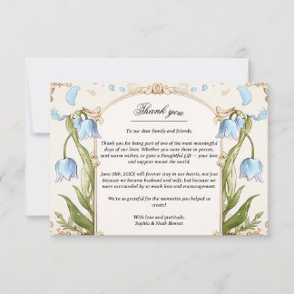 Cartão De Agradecimento Floral Azul Elegante e Casamento Dourado Obrigado