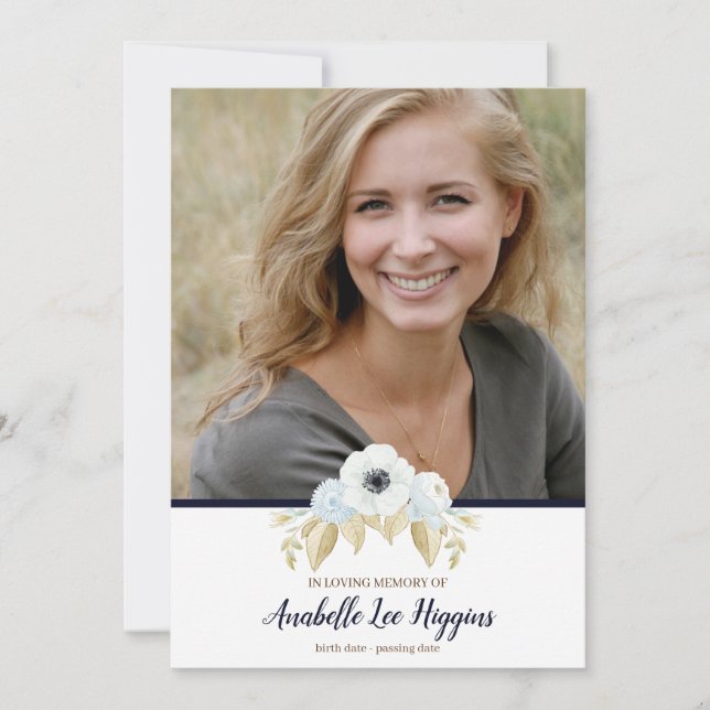 Cartão De Agradecimento Floral Azul Elegante No Funeral Da Memória Amante (Frente)