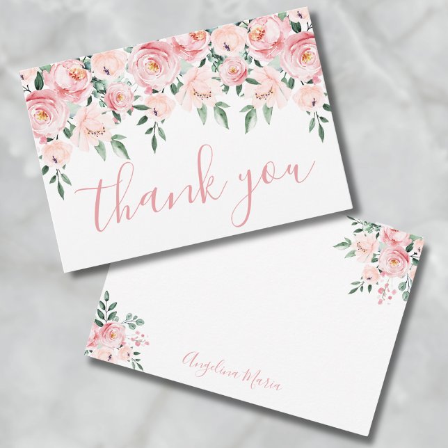Cartão De Agradecimento Floral Bege Rosado Quinze Anos (Floral Blush Pink Quinceañera Thank You Card)