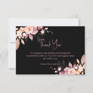 Cartão De Agradecimento Floral Black & Blush Rose Wedding