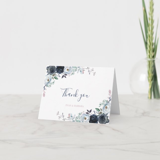 Cartão de agradecimento floral boho em azul naval  (Frente)