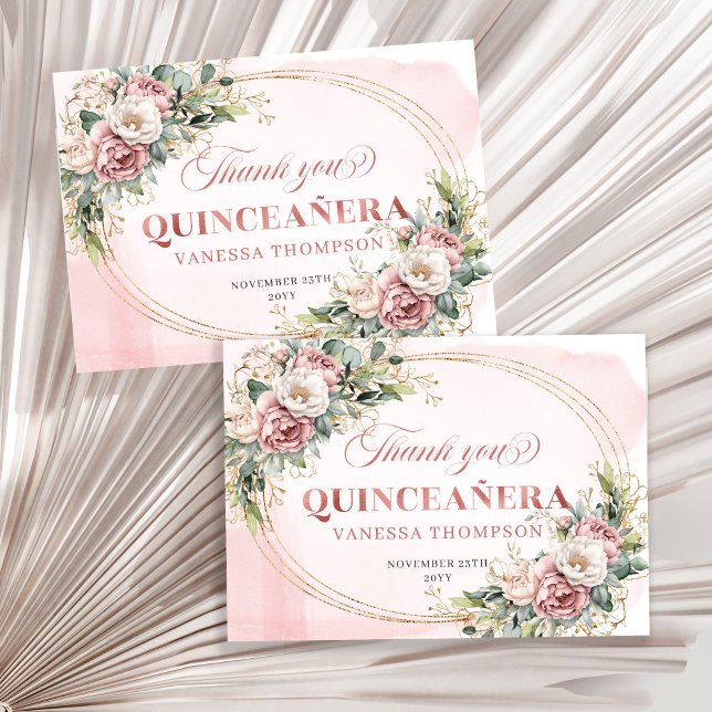 Cartão De Agradecimento Floral Boho Quinceañera Thank You Card Dusty Pink  (Floral Boho Quinceañera Thank You Card Dusty Pink Gold)