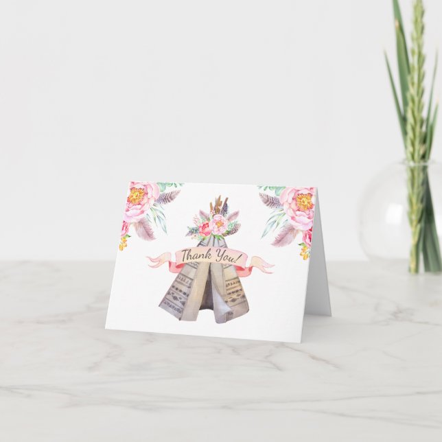 Cartão De Agradecimento Floral Boho Tribal Teepee Obrigado (Frente)