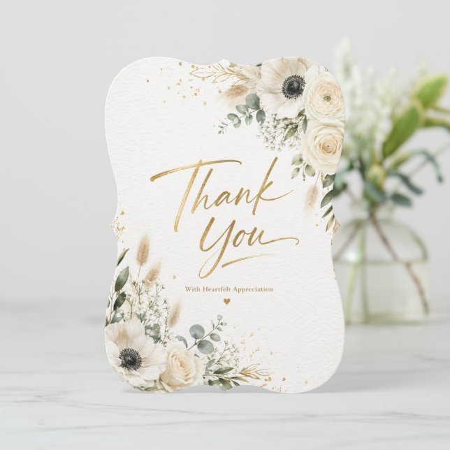 Cartão de Agradecimento Floral Branco (Em pé/Frente)