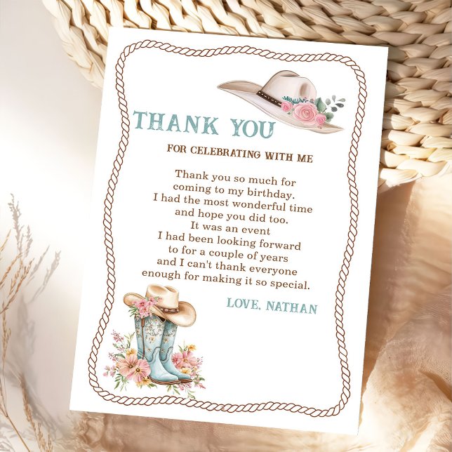 Cartão De Agradecimento Floral Cowgirl Boots and Hat Birthday (Criador carregado)