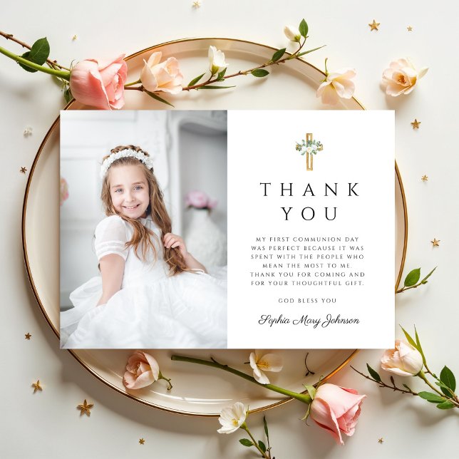 Cartão De Agradecimento Floral Cross Photo Girl First Communion (Floral Cross Photo Girl First Communion Thank You Card)