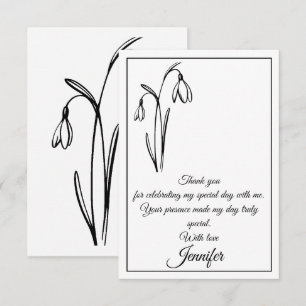 Cartão De Agradecimento Floral de Neve de Aniversário Preto e Branco