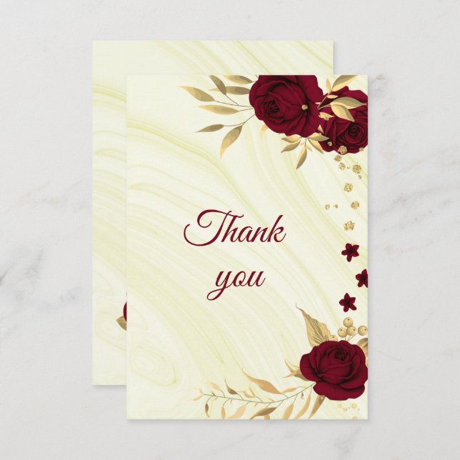 Cartão De Agradecimento floral de ouro burgundy (Frente/Verso)