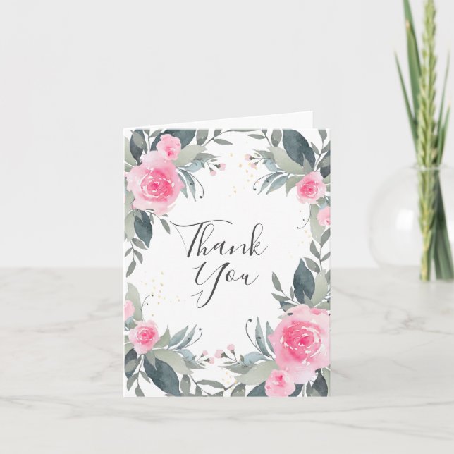 Cartão de agradecimento floral de rosas cor-de-ros (Frente)