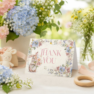 Cartão De Agradecimento Floral Doce Pequeno Coelho Obrigado no Chá de Bebê