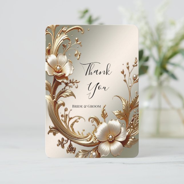 Cartão de Agradecimento Floral Dourado (Em pé/Frente)